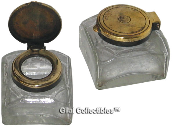 Pressed Glass Inkwell with Brass Top. - click to enlarge.