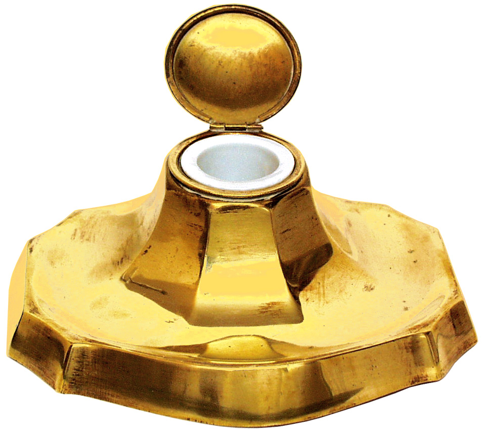 Polished Solid Brass Inkwell With Porcelain Well And Hinged Cover. - click to enlarge.