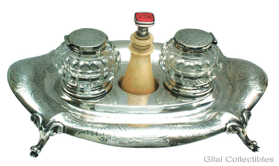  A 19th Century Silver Double Inkwell With Ivory Stamp/ - click to enlarge.