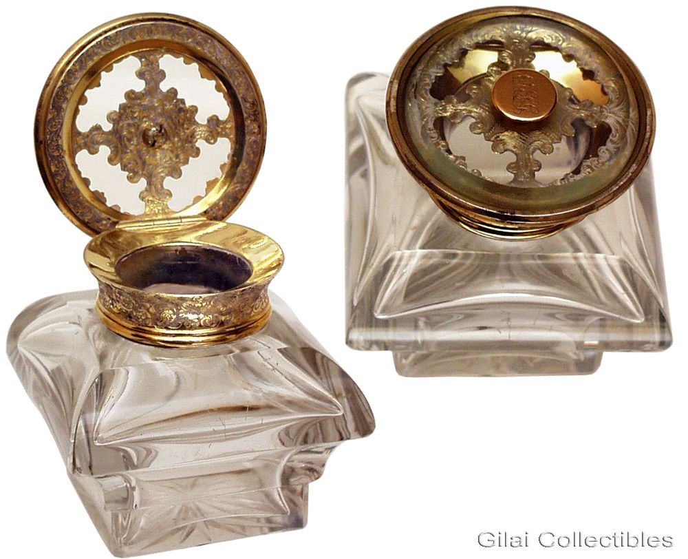 A Heavy French Cut Glass Inkwell With Gilt Hinged Lid. - click to enlarge.