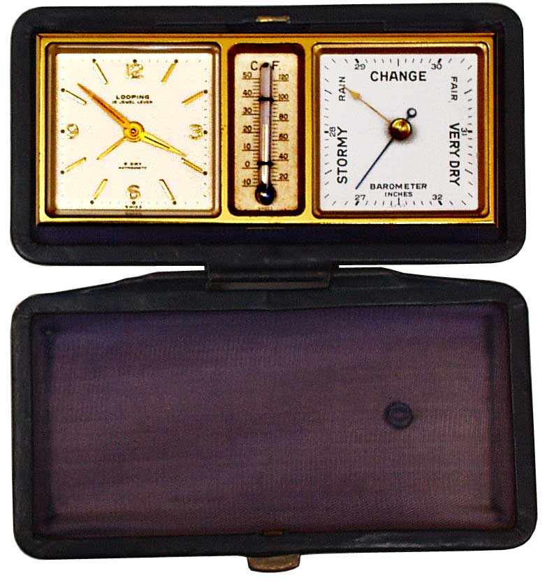 Traveling Clock, Barometer and Thermometer in Leather Case - click to enlarge.
