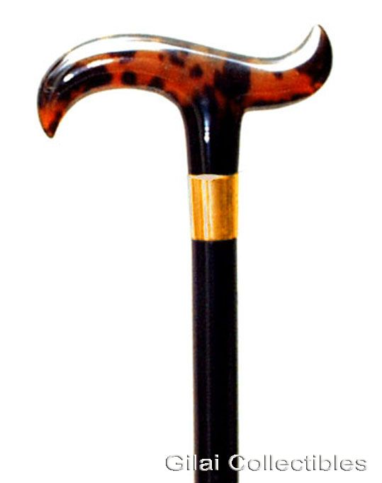 Pre WWI English Walking Stick With Tau Hook Tortoiseshell Handle, Gold Collar And Horn Ferrule. - click to enlarge.