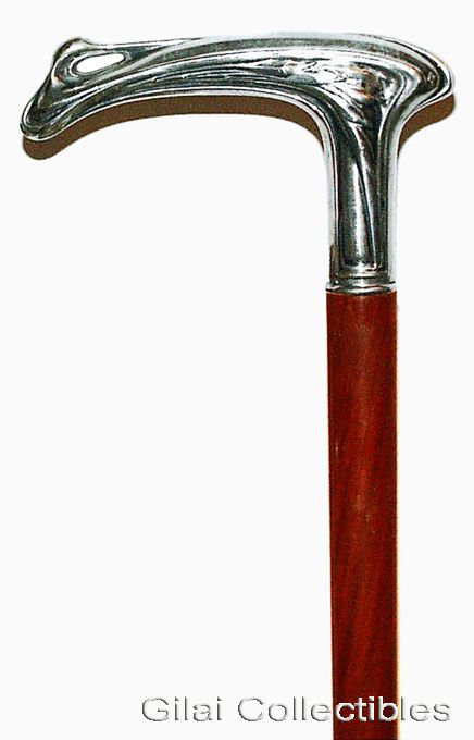 German Art-Nouvo Walking Stick With 925 Silver Crutch Handle And Exotic Goncalo Alves Or Tigerwood Shaft. - click to enlarge.