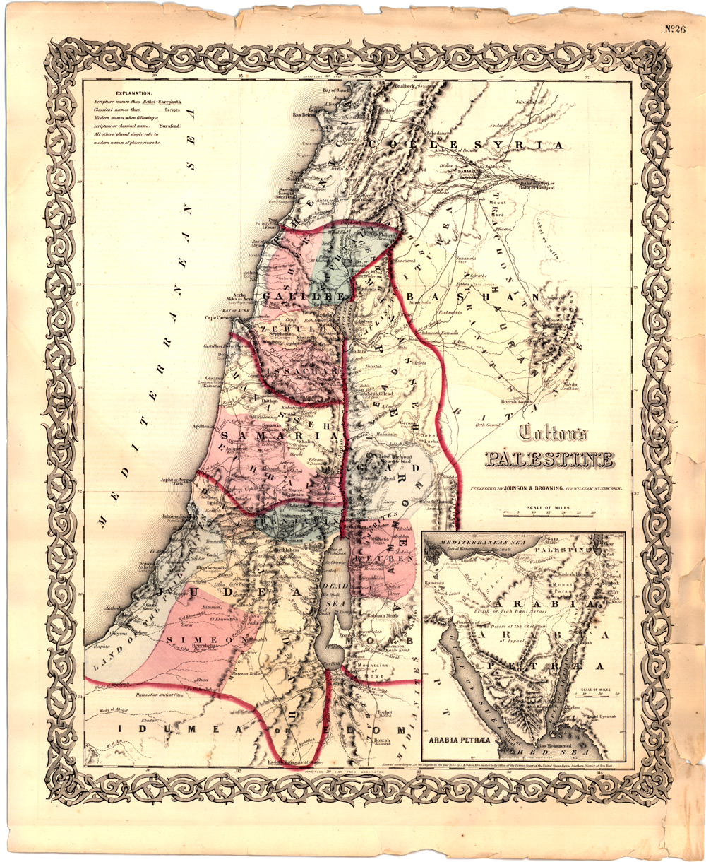 Colton's Map of Palestine ( Holy Land) 1860 w/ Inset of the Sinai - click to enlarge.