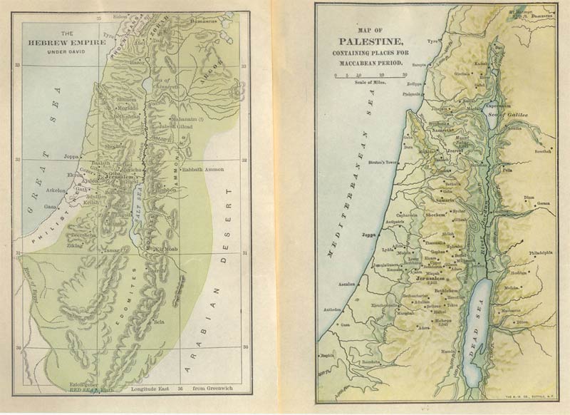 Two Maps 1911: The Hebrew Empire under King David and Palestine in the Macabean Period. - click to enlarge.