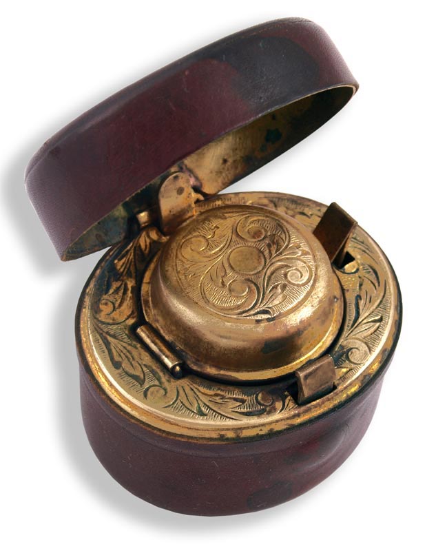 Leather and Brass Traveling Inkwell - click to enlarge.