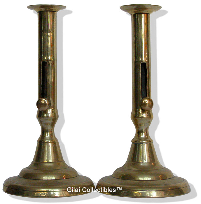 Late 18th Century Brass Pusher Candlesticks. - click to enlarge.