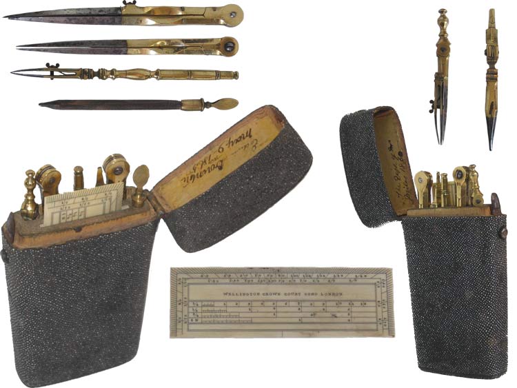 Shagreen Cased Drawing Instrument Set by Wellington. - click to enlarge.
