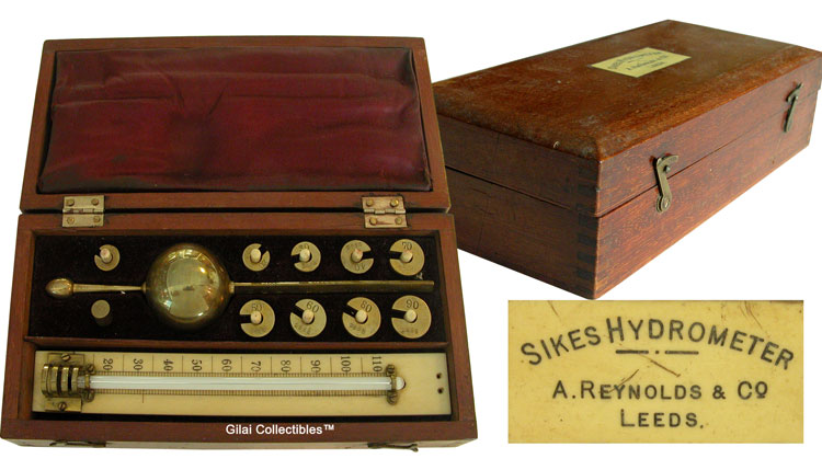 Complete Sikes Hydrometer, With Weights And Ivory Thermometer by Reynolds, Leeds. - click to enlarge.