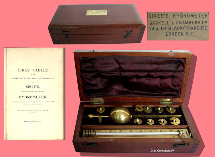 Complete Sikes Hydrometer with Book, Weights and Ivory Thermometer by Gaskell & Chambers, London - click to enlarge.