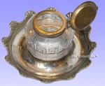 Pressed Glass Inkwell with Brass Circular Tray.