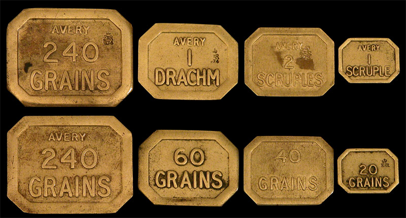 A Set Of Brass Lozenge Shaped Apothecaries’ Weights Made by Avery. - click to enlarge.