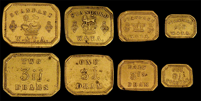 A 19th Century Set Of  Brass Lozenge 'Standard' Apothecaries’ Weights by Avery. - click to enlarge.