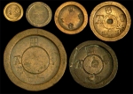 Batch of 6 Flat-Circular Old Brass and Bronze Avoirdupois Weights. - click to enlarge.