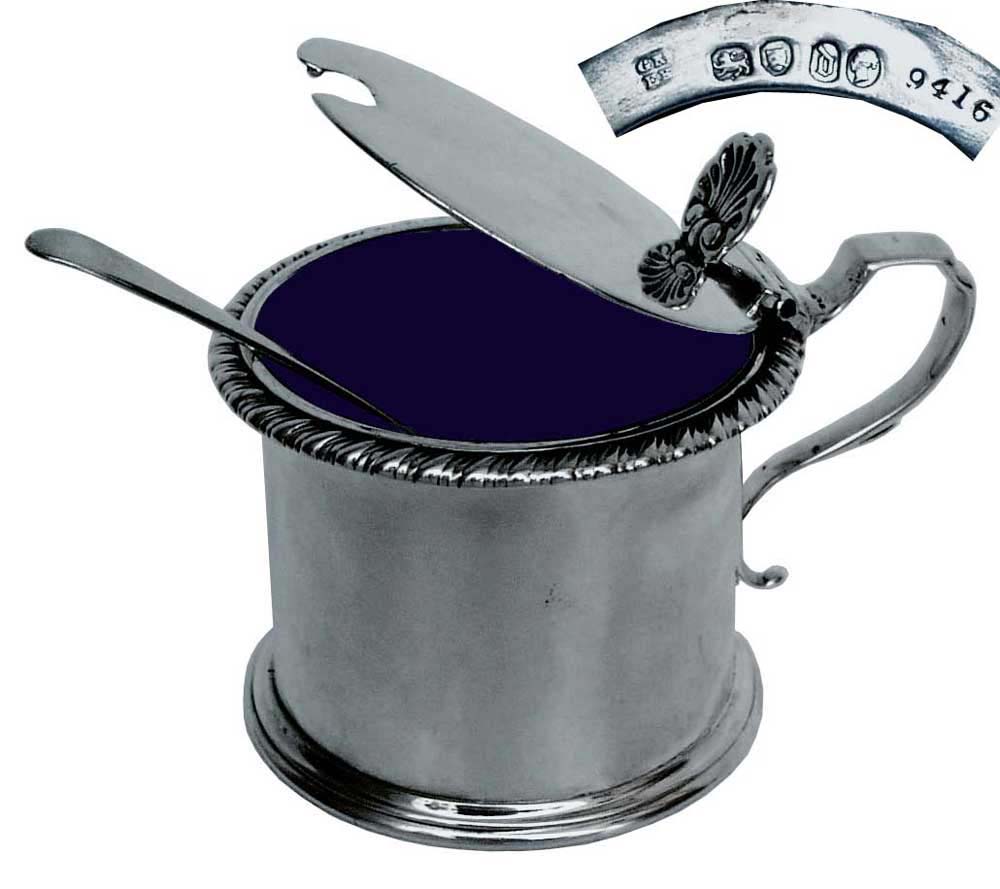 Silver Mustard Pot with Blue Cobalt Liner  Victorian 1859 - click to enlarge.