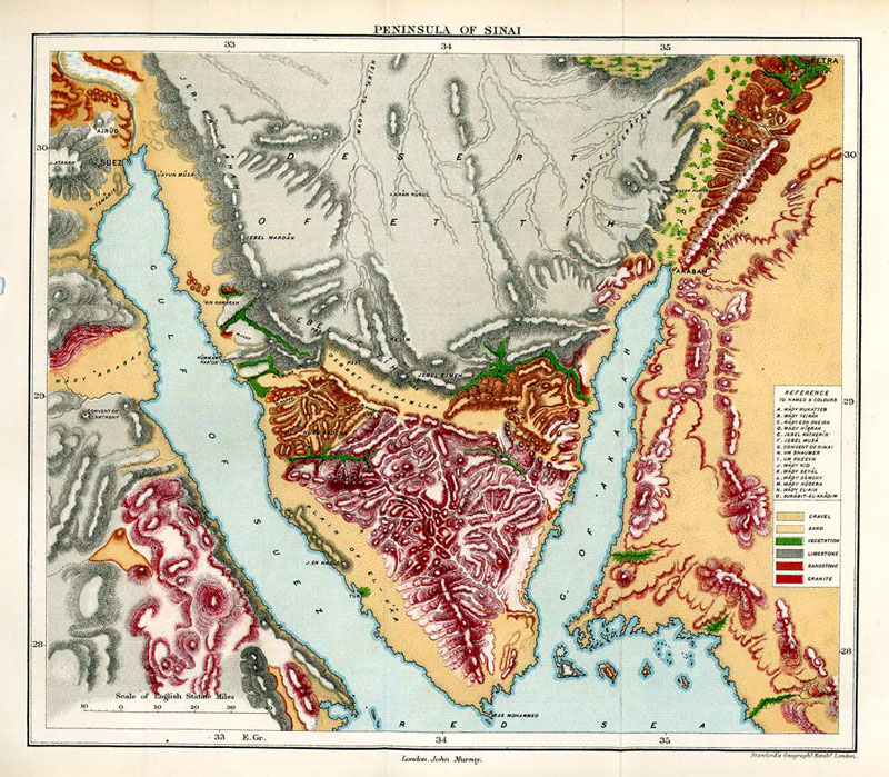 Geological Map of the Sinai Peninsula by John Murray 1883. - click to enlarge.