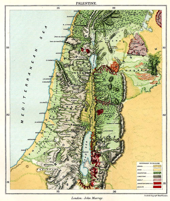 Geological Map of Palestine Published in London by John Murray 1883. - click to enlarge.