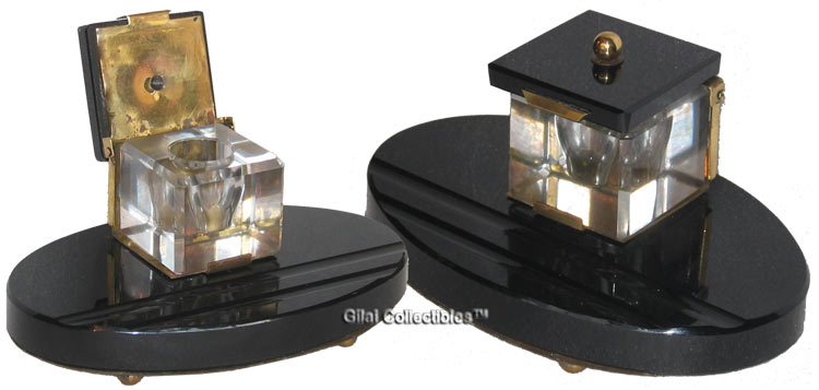 German Inkwell Black Resin, Brass, and Glass  - click to enlarge.
